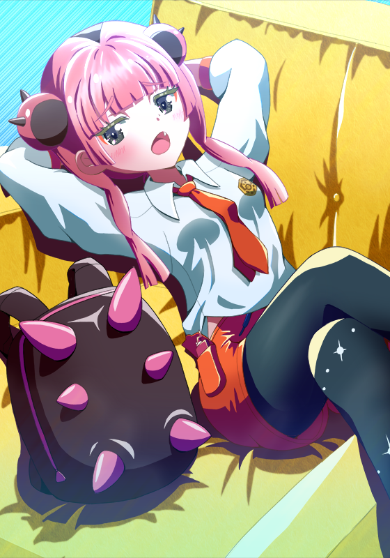 1girl, :o, arms_behind_head, at_kiwi, backpack, bag, black_pantyhose, blunt_bangs, blush, collared_shirt, commentary_request, coral_(pokemon), crossed_legs, fang, grey_eyes, long_hair, lying, necktie, nintendo, on_back, open_mouth, orange_necktie, orange_shorts, pantyhose, pink_hair, pokemon, pokemon_(anime), pokemon_horizons, raised_eyebrows, relaxing, shirt, shorts, three-quarter_sleeves, tongue, twintails, unworn_backpack, unworn_bag, white_shirt