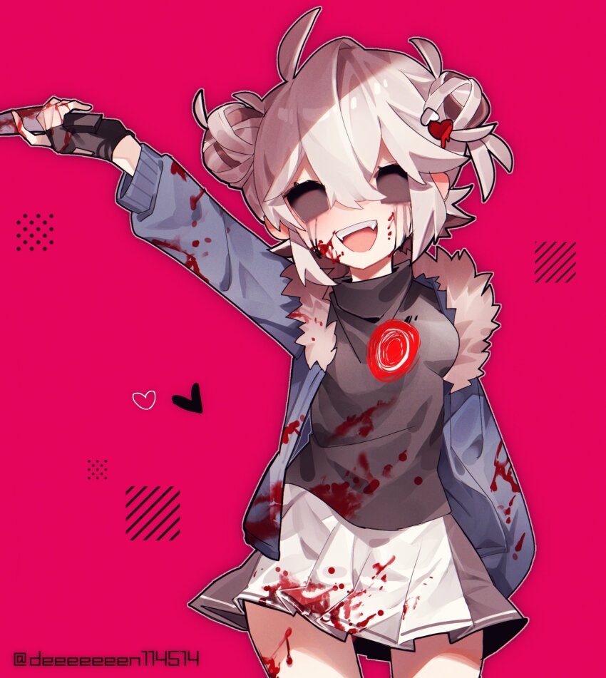 1girl, alternate_universe, arm_at_side, arm_up, black_blood, black_gloves, black_sweater, blood