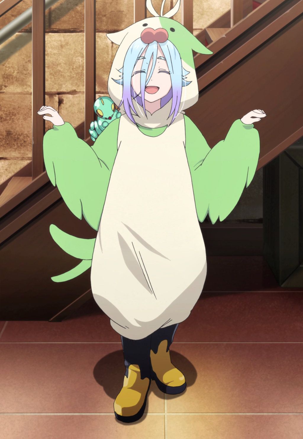 1girl, alternate_costume, blue_hair, blush, brown_background, closed_eyes, comet_lucifer, felia_(comet_lucifer)