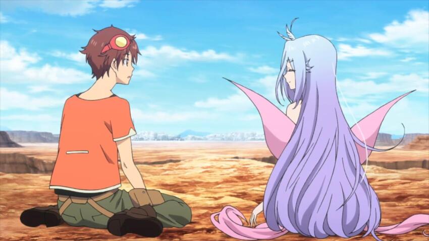 1boy, 1girl, blue_sky, blush, brown_hair, comet_lucifer, felia_(comet_lucifer), female_focus