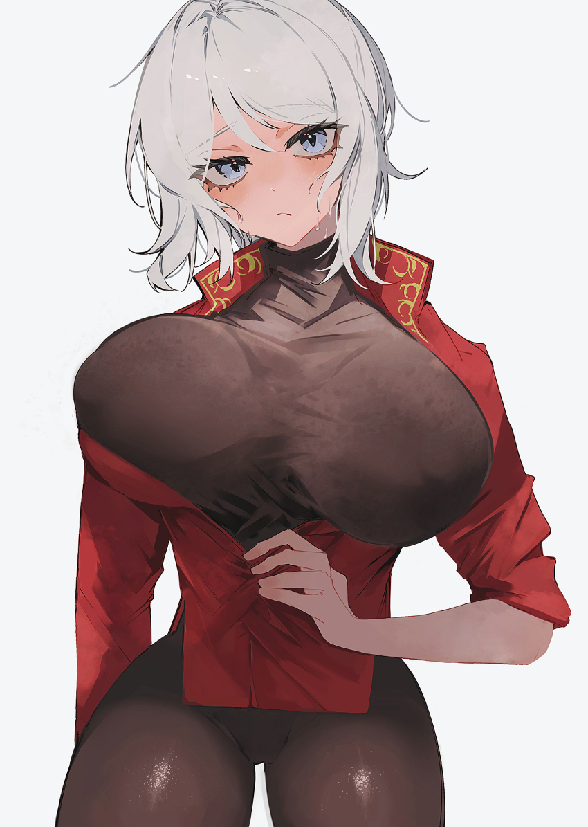 1girl, blue_eyes, bodysuit, breasts, closed_mouth, commentary_request, faust_(project_moon), highres, large_breasts, limbus_company, liu_association_south_uniform, long_sleeves, looking_at_viewer, nakame77, project_moon, shirt, short_hair, simple_background, solo, sweat, sweater, white_background, white_hair