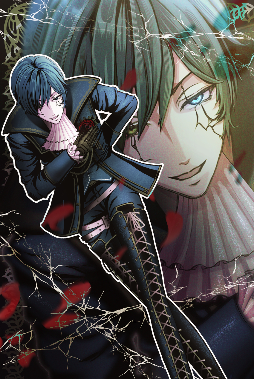 1boy, absurdres, anniversary, arm_behind_back, ascot, belt, blue_eyes, blue_pants, blue_vest, boots, bowing, commentary_request, crack, cracked_skin, crossed_legs, daysandayo, flower, glowing, glowing_eyes, green_eyes, heterochromia, highres, kaito_(vocaloid), looking_at_viewer, male_focus, open_mouth, pants, petals, project_diva_(series), red_flower, red_rose, kaito_(requiem)_(vocaloid), rose, rose_petals, short_hair, solo, thigh_belt, thigh_boots, thigh_strap, vest, vocaloid, white_ascot, white_belt, zoom_layer