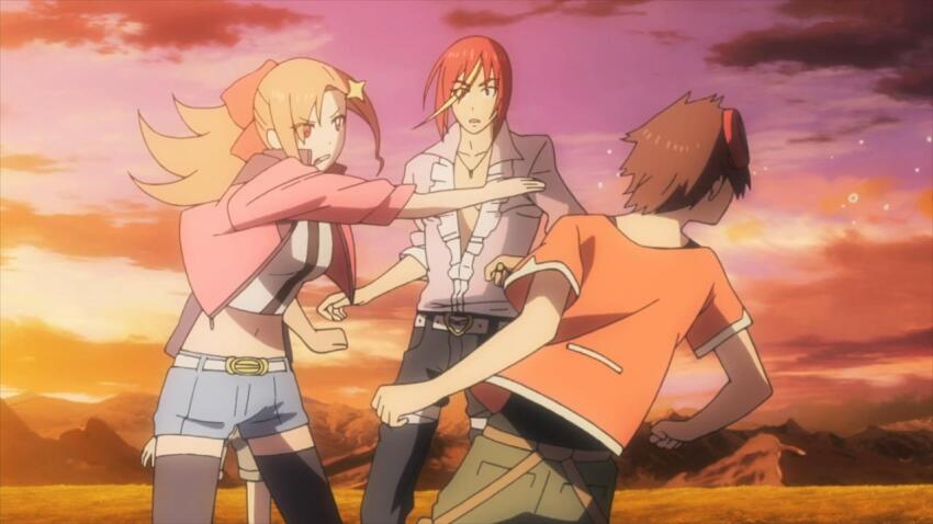 1girl, 2boys, angry, blonde_hair, blue_sky, blurry, blurry_border, breasts