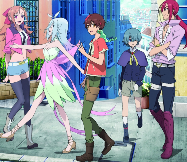 2girls, 3boys, blonde_hair, blush, breasts, comet_lucifer, dress, felia_(comet_lucifer)