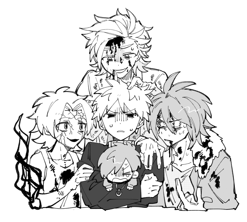 >_<, 5boys, absurdres, aged_down, aiba_ibuki, atou_haruki, blood, blood_from_mouth, blood_on_clothes, blood_on_face, carrying, carrying_person, closed_eyes, commentary_request, crying, dayu_(4kumauo), finger_on_another's_head, fur-trimmed_jacket, fur_trim, gloom_(expression), greyscale, hair_between_eyes, hair_over_one_eye, hand_on_another's_arm, hand_on_another's_shoulder, highres, isoi_reiji, jacket, kanou_aogu, long_sleeves, male_focus, monochrome, multiple_boys, open_clothes, open_jacket, open_mouth, parted_bangs, ribbed_sweater, saibou_shinkyoku, shinano_eiji, short_hair, simple_background, smile, spoilers, sweat, sweater, tank_top, turtleneck, turtleneck_sweater