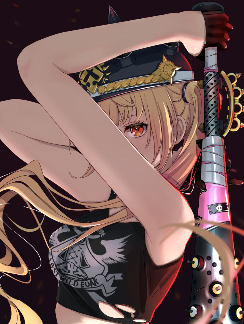 1girl, arms_up, bare_shoulders, baseball_bat, black_background, black_gloves, black_shirt, blonde_hair