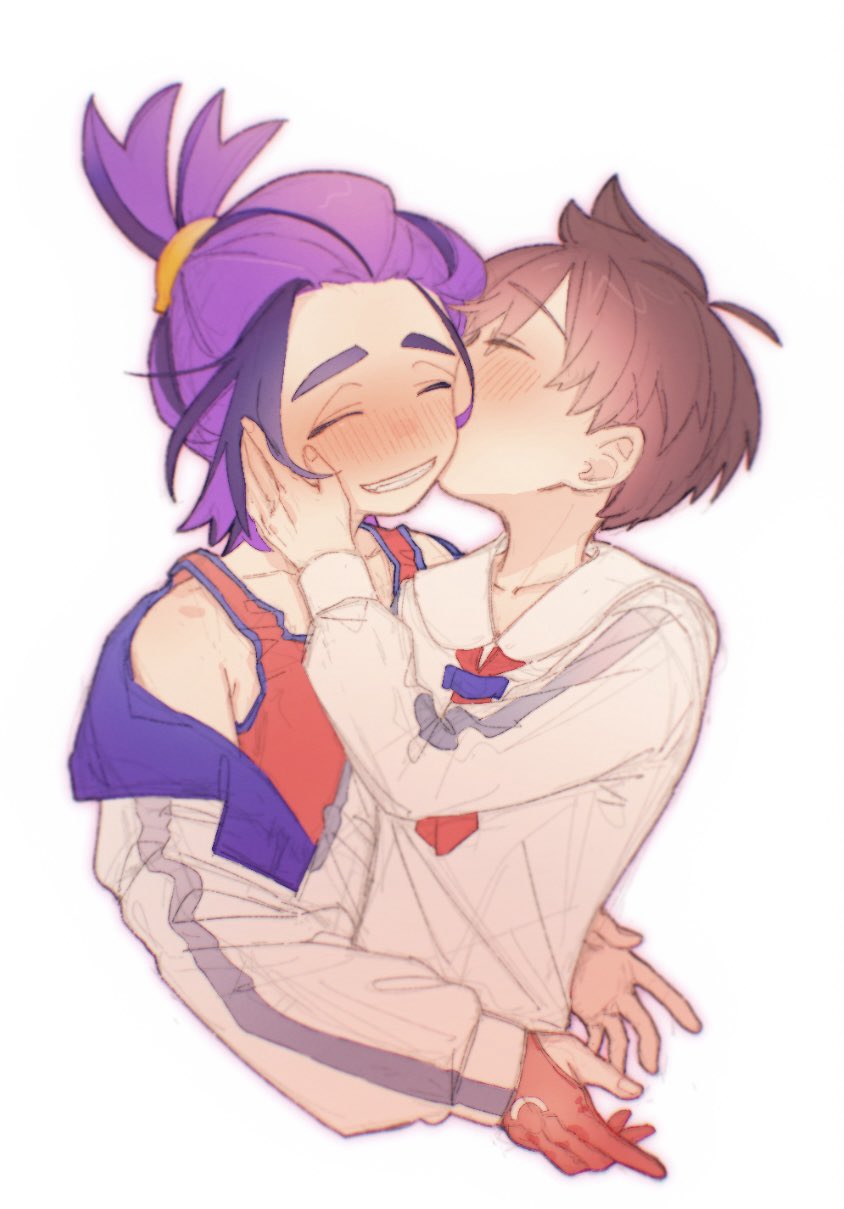 2boys, black_hair, blueberry_academy_school_uniform, blush, brown_hair, closed_eyes, collarbone, cropped_torso