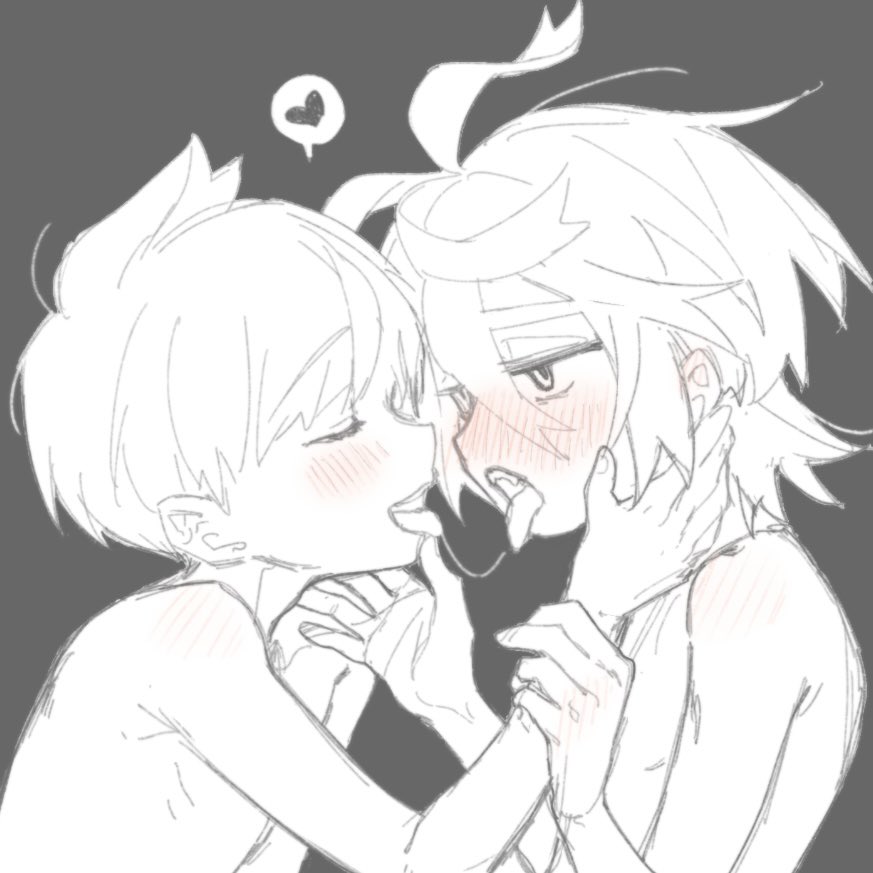 2boys, after_kiss, blush, body_blush, closed_eyes, ear_blush, florian_(pokemon), grey_background, half-closed_eyes, hand_on_another's_face, heart, holding_another's_wrist, kieran_(pokemon), kuma_8311, looking_at_another, male_focus, monochrome, multiple_boys, nintendo, open_mouth, pokemon, pokemon_scarlet_and_violet, profile, saliva, saliva_trail, short_hair, simple_background, sketch, spoken_heart, spot_color, tongue, tongue_out, topless_male, upper_body, yaoi