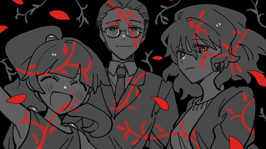 1boy, 2girls, :d, ^_^, arm_up, black_background, blunt_bangs, breasts