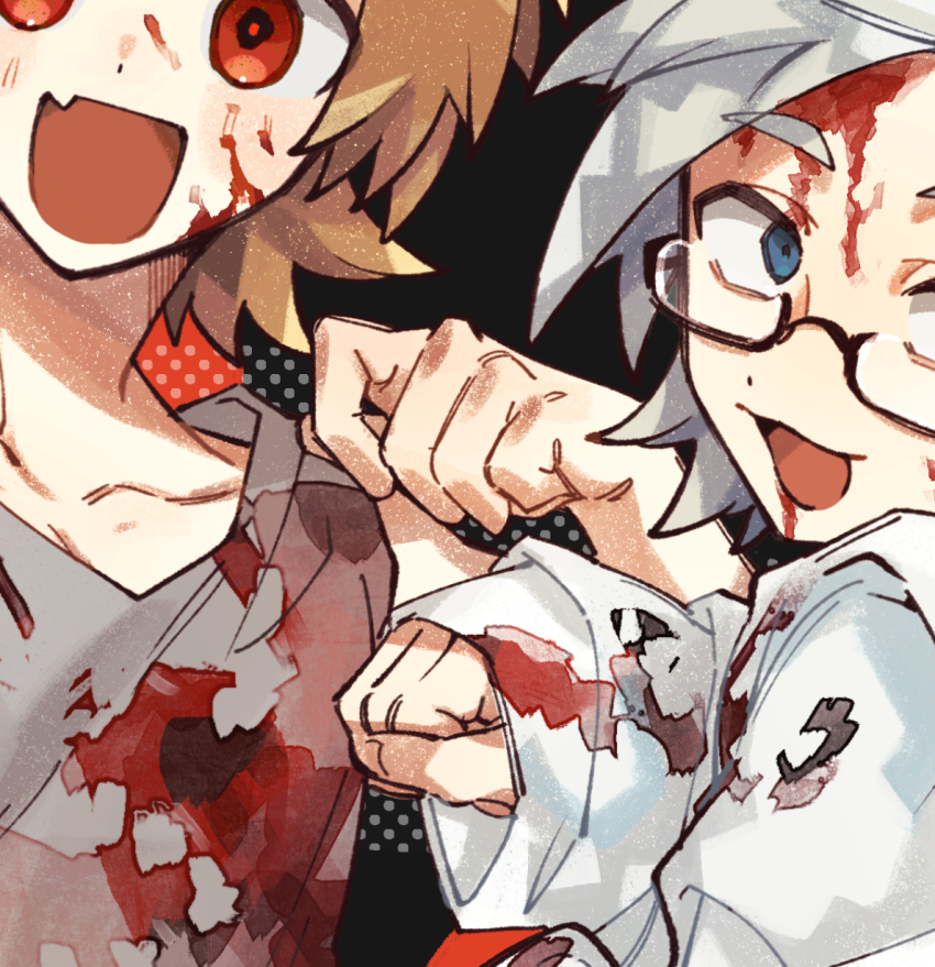 2boys, black_background, blood_from_forehead, blood, blood_from_mouth, blood_on_clothes, blood_on_face, blue_eyes