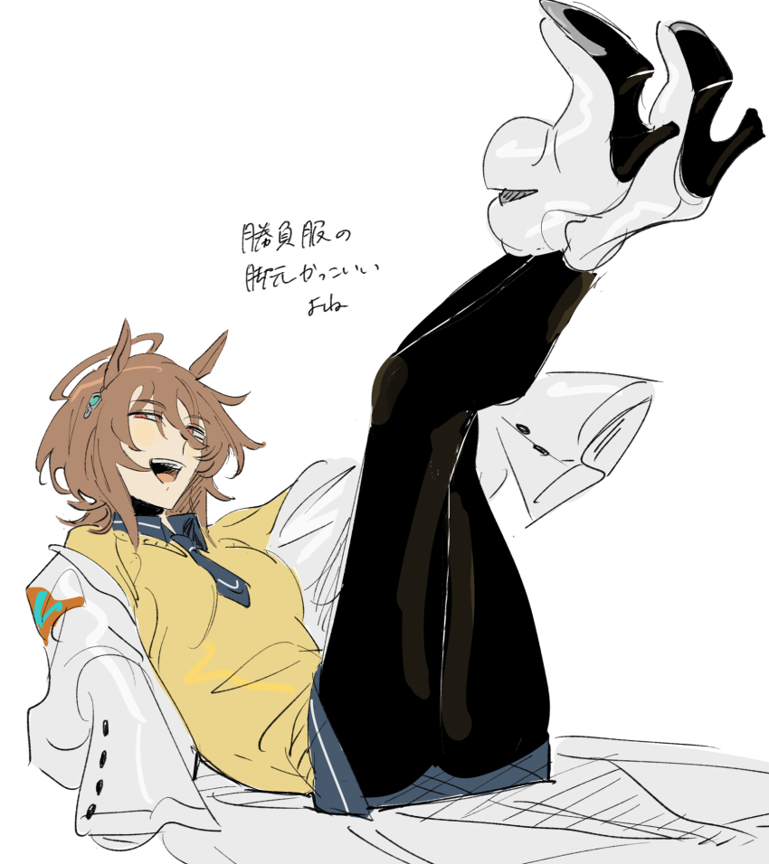 1girl, agnes_tachyon_(tach-nology)_(umamusume), agnes_tachyon_(umamusume), ahoge, akiraka_(n_l_m_g), black_necktie, black_pantyhose, black_shirt