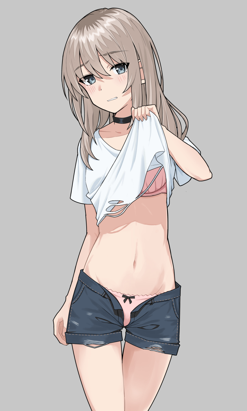 1girl, absurdres, black_choker, blue_shorts, blush, bow, bow_panties, bra