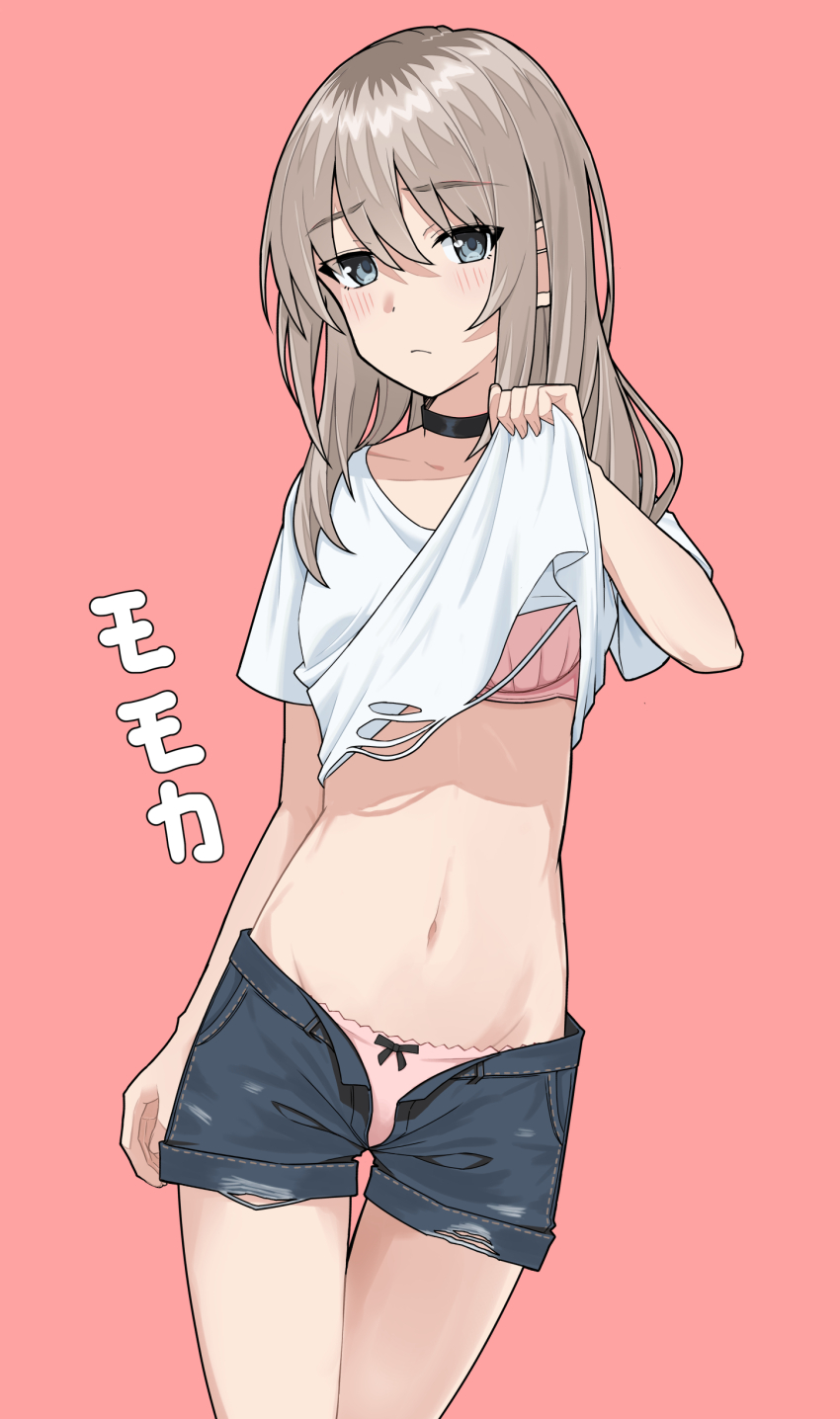 1girl, absurdres, black_choker, blue_shorts, blush, bow, bow_panties, bra