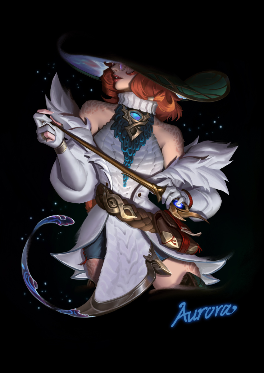 1girl, absurdres, aurora_(league_of_legends), bare_shoulders, belt, black_background, body_freckles, brown_belt, brown_hair, buwenyineng, character_name, cropped_legs, fingerless_gloves, freckles, gem, glasses, gloves, highres, holding, holding_staff, league_of_legends, long_sleeves, profile, round_eyewear, smile, solo, staff, sweater, teeth, white_gloves, white_sweater