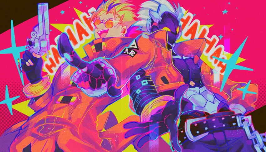 2boys, abs, arm_belt, belt, belt_buckle, bianca_lattei, billy_kid, black_belt, black_gloves, black_pants, blonde_hair, bracelet, buckle, chain, coat, collarbone, commentary, cowboy_shot, crossover, ear_piercing, earrings, english_commentary, english_text, glasses, gloves, groin, gun, halftone, halftone_background, hand_on_own_hip, hand_up, high_collar, highres, holding, holding_gun, holding_weapon, jacket, jewelry, laughing, locked_arms, male_focus, mole, mole_under_eye, multiple_belts, multiple_boys, open_clothes, open_jacket, open_mouth, orange-tinted_eyewear, outstretched_arm, outstretched_hand, pants, pectorals, piercing, pointing, pointing_at_viewer, reaching, reaching_towards_viewer, red_coat, red_jacket, single_bracelet, single_earring, sparkle, spiked_hair, star_(symbol), studded_belt, teeth, tinted_eyewear, tongue, trench_coat, trigun, upper_teeth_only, vash_the_stampede, weapon, white_hair, yellow_eyes, zenless_zone_zero