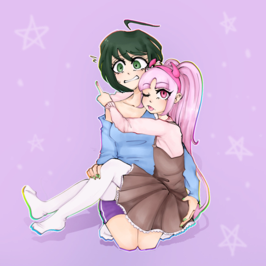 2girls, age_difference, ahoge, blue_shirt, blush, brown_dress, collarbone, danganronpa_(series)