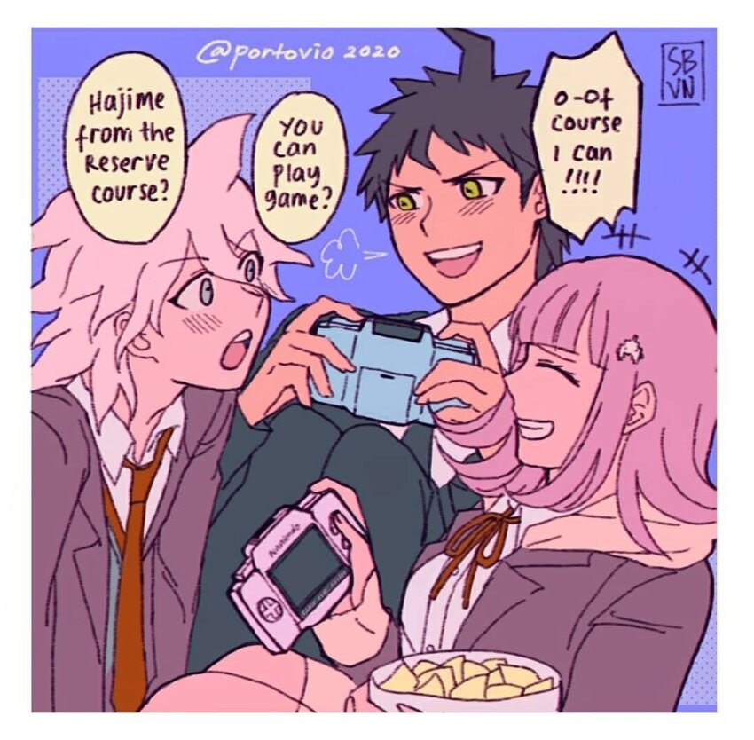 1girl, 2boys, :d, blue_background, blush, border, brown_necktie, closed_eyes