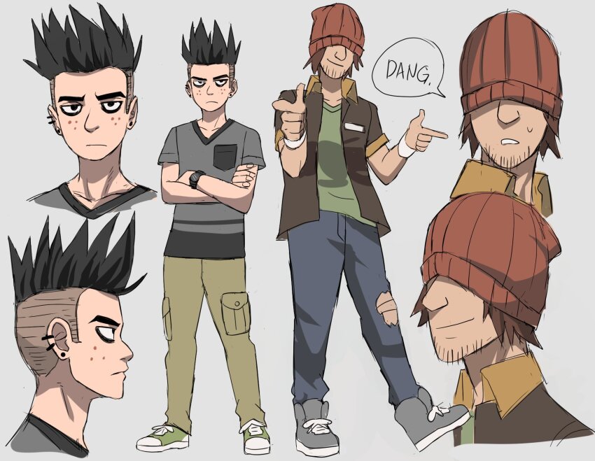 2boys, annoyed, beanie, beard_stubble, black_eyes, black_hair, blue_pants, brad_buttowski, breast_pocket, brown_hair, brown_shirt, cargo_pants, collared_shirt, covered_eyes, crossed_arms, double_finger_gun, earrings, english_text, facial_hair, facing_viewer, finger_gun, freckles, green_footwear, green_pants, green_shirt, grey_background, grey_footwear, grey_shirt, hat, highres, jewelry, jourd4n, kick_buttowski, looking_at_viewer, male_focus, multiple_boys, multiple_views, open_clothes, open_shirt, pants, pocket, red_hat, shirt, shoes, simple_background, smile, sneakers, speech_bubble, spiked_hair, stubble, sweat, torn_clothes, torn_pants, undercut, wade_(kick_buttowski), watch, wristwatch