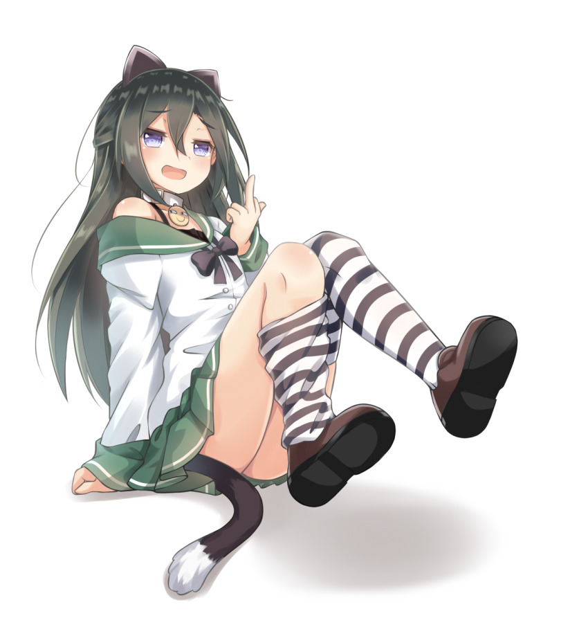 1girl, :d, animal_ears, asymmetrical_legwear, black_bow, black_bowtie, black_hair, bow