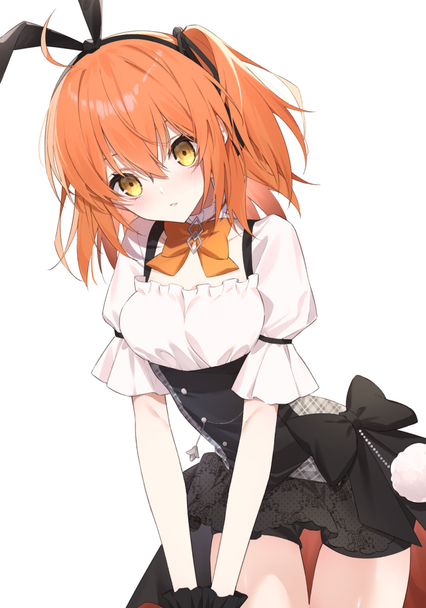 1girl, animal_ears, black_gloves, black_ribbon, black_skirt, bow, bowtie, breasts