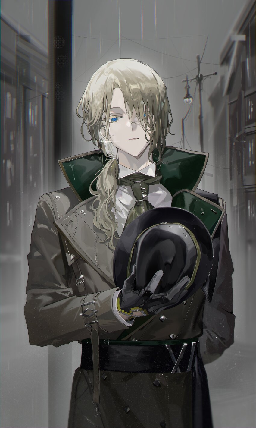 1boy, 6_(reverse:1999), 6_(time_and_location)_(reverse:1999), 9boksen, absurdres, arm_behind_back, black_gloves, blonde_hair