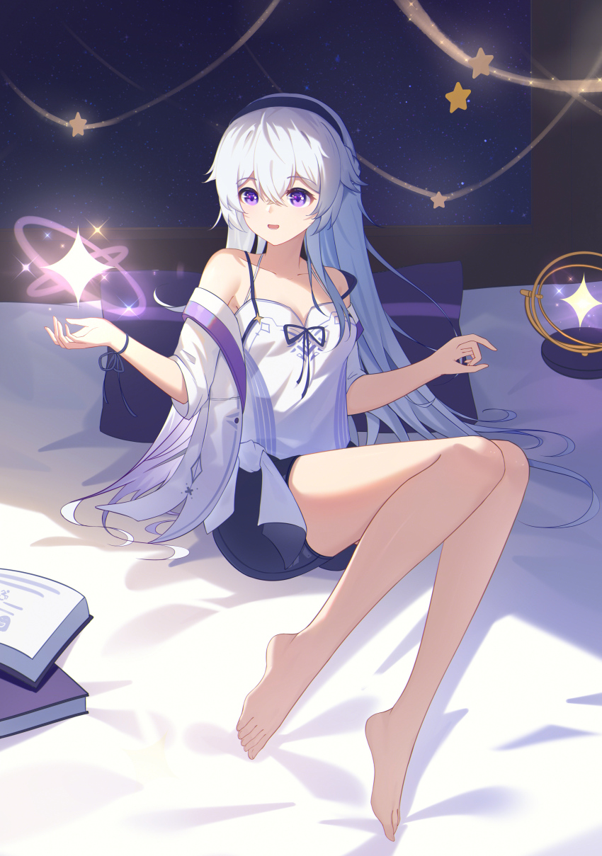 1girl, absurdres, bare_shoulders, barefoot, bed_sheet, ben_sy, black_shorts, book, braid, celestia_(midsummer_night)_(strinova), celestia_(strinova), collarbone, constellation, hair_between_eyes, hairband, half_up_braid, highres, light_particles, long_hair, night, off_shoulder, on_bed, open_mouth, purple_eyes, shorts, sky, smile, solo, sparkle, star_(sky), star_(symbol), starry_background, starry_sky, strinova
