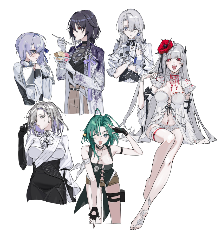 3shine_02, 6+girls, :d, absurdres, antenna_hair, armband, armlet, ascot, babydoll, bare_legs, barefoot, black_gloves, black_hair, black_shirt, blue_eyes, blush, breasts, breasts_apart, bridal_gauntlets, brooch, brown_pants, brown_shorts, choker, cleavage, cleavage_cutout, clothing_cutout, coat, collar, collared_shirt, colored_inner_hair, colored_tips, compass, coquelic_(path_to_nowhere), covered_collarbone, detached_sleeves, dreya_(path_to_nowhere), earrings, eating, elbow_gloves, eve_(path_to_nowhere), facial_mark, fangs, fascinator, fingerless_gloves, flower, flower_earrings, food, frilled_collar, frilled_cuffs, frills, glove_cutout, gloves, green_hair, grey_coat, grey_eyes, grey_hair, hair_between_eyes, hair_flower, hair_ornament, hair_ribbon, hashtag-only_commentary, high-waist_skirt, highres, hobble_skirt, holding, holding_spoon, holding_stuffed_toy, holding_tray, hugging_object, ice_cream, jewelry, juliet_sleeves, kelvin_(path_to_nowhere), large_breasts, long_sleeves, mantis_(path_to_nowhere), medium_breasts, multicolored_hair, multiple_girls, navel, navel_piercing, o-ring, one_eye_closed, one_eye_covered, open_clothes, open_coat, open_mouth, panties, pants, path_to_nowhere, pendant, piercing, poppy_(flower), pouch, puffy_sleeves, purple_hair, red_eyes, red_flower, red_lips, ribbon, salute, see-through_clothes, see-through_sleeves, shirt, short_shorts, short_sleeves, shorts, simple_background, single_bridal_legwear, single_earring, single_sleeve_past_fingers, skirt, sleeve_bow, sleeveless, sleeveless_shirt, smile, spoon, stain, star_brooch, stuffed_animal, stuffed_toy, teddy_bear, thigh_pouch, thigh_strap, tray, underwear, uni_(path_to_nowhere), wafer, white_armband, white_ascot, white_babydoll, white_background, white_gloves, white_hair, white_panties, white_shirt, white_sleeves