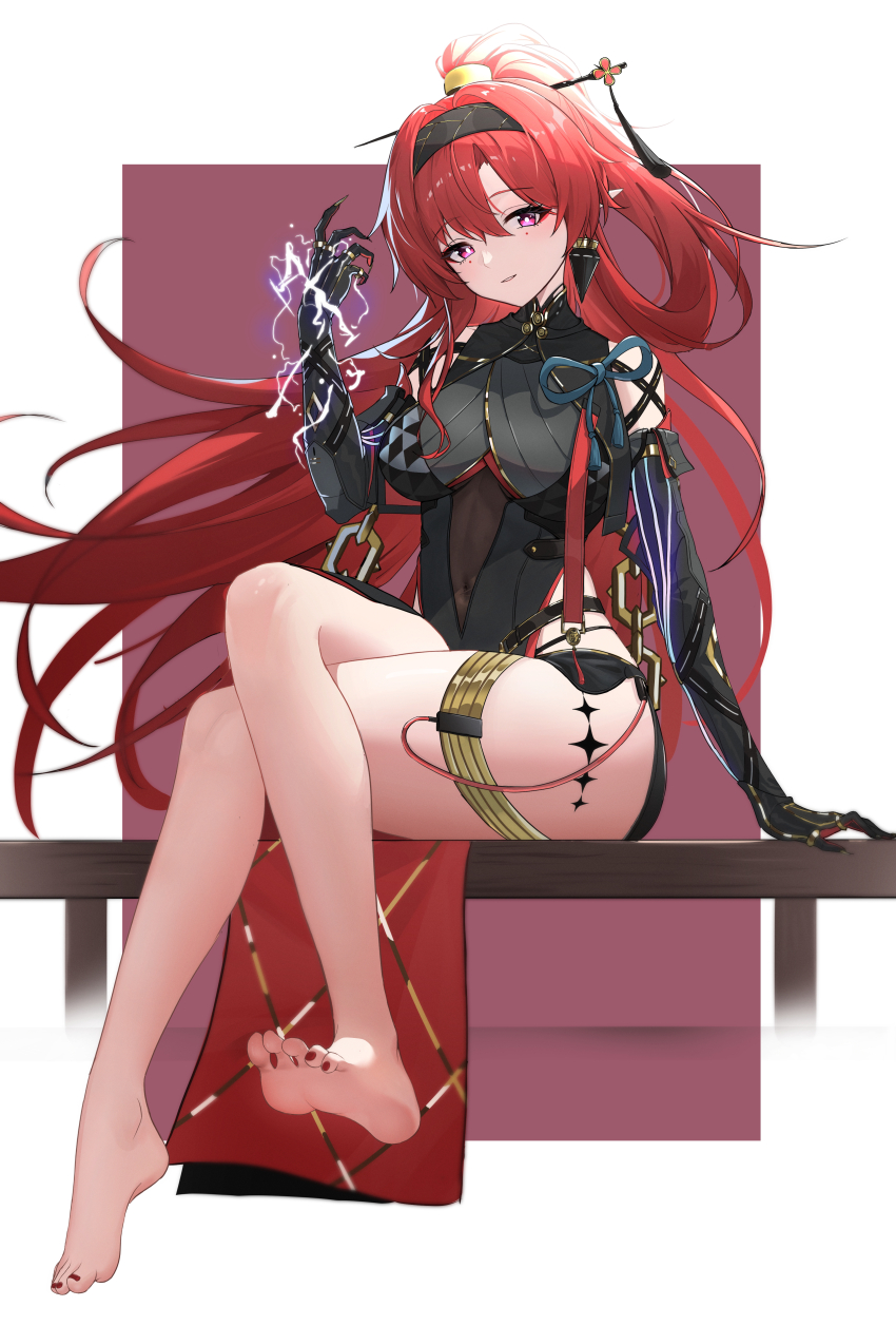 1girl, absurdres, artistic_error, bare_legs, bare_shoulders, barefoot, black_bodysuit, black_gloves