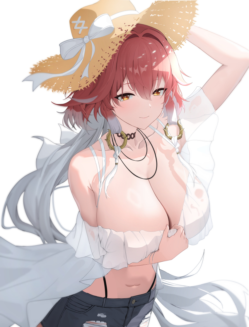 1girl, absurdres, armpit_crease, bare_shoulders, black_choker, bow, braid, breasts