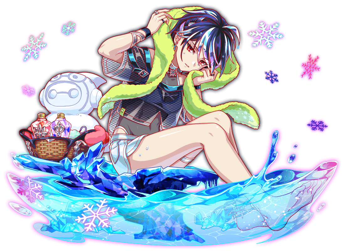 1girl, alternate_costume, anklet, aqua_belt, arm_strap, artist_request, bare_legs, bare_shoulders, barefoot, basket, belt, belt_buckle, bikini, blue_hair, breasts, buckle, cel_shading, choker, closed_mouth, covered_collarbone, crash_fever, cropped_shirt, cross-laced_bikini, cross-laced_clothes, earrings, front_slit, full_body, game_cg, grey_one-piece_swimsuit, holding, holding_basket, ice, jewelry, karun_(crash_fever), knees_together_feet_apart, light_particles, marvey_(crash_fever), medium_breasts, mittens, navel, official_alternate_costume, official_art, one-piece_swimsuit, outline, partially_submerged, pink_mittens, red_eyes, red_outline, ring, see-through_clothes, see-through_one-piece_swimsuit, see-through_shirt, shirt, short_hair, short_sleeves, shorts, side_slit, side_slit_shorts, sitting, snowflakes, snowman, soles, solo_focus, swimsuit, tachi-e, teeth, thigh_strap, third-party_source, toes, towel, transparent_background, water_drop, wet, white_bikini, white_choker, white_shorts, white_straps, wide_sleeves, wristband