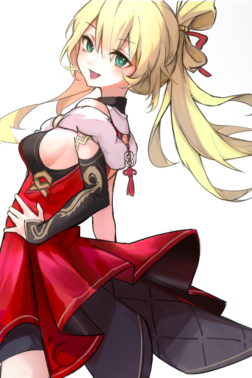 1girl, :d, absurdres, audrey_(celestial_beauty)_(strinova), audrey_(strinova), backless_dress, backless_outfit, bare_shoulders, blonde_hair, blush, breasts, cowboy_shot, detached_sleeves, dress, folded_ponytail, from_side, green_eyes, hair_between_eyes, hair_ornament, hair_ribbon, hand_on_own_hip, highres, long_hair, looking_at_viewer, looking_back, medium_breasts, open_mouth, red_dress, ribbon, simple_background, siyueweiguang, skirt, smile, solo, strinova, white_background