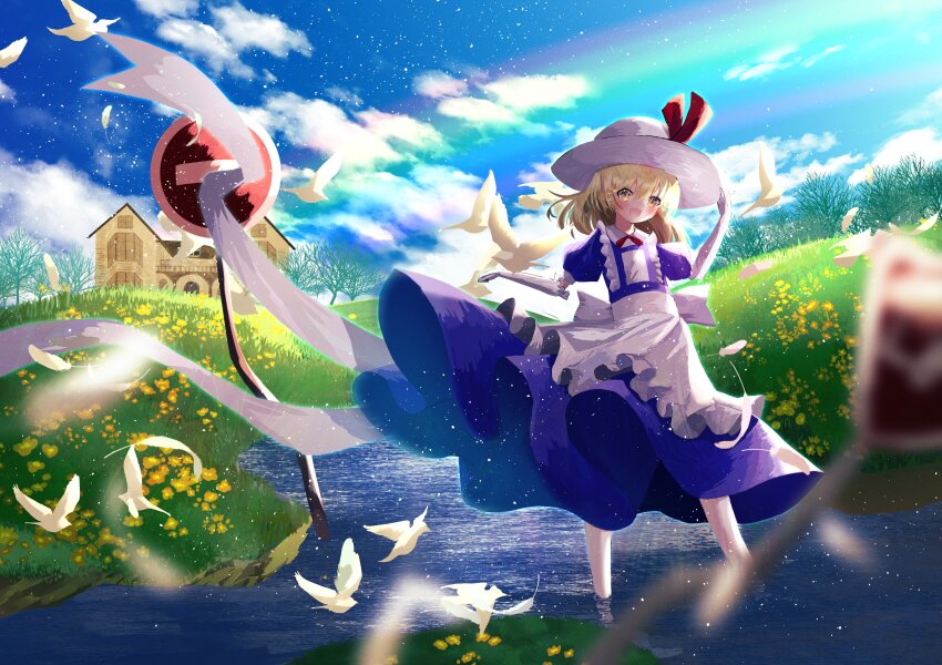 1girl, absurdres, apron, bird, blonde_hair, blue_dress, blue_sky, commentary_request