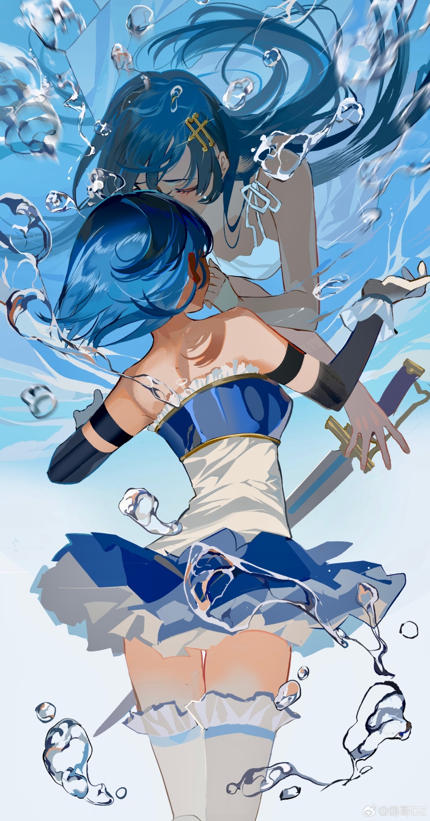 2girls, absurdres, alternate_hair_length, alternate_hairstyle, armlet, bare_arms, bare_shoulders, black_sleeves, blue_hair, blue_shirt, blue_skirt, bubble, chinese_commentary, closed_eyes, commentary_request, cowboy_shot, detached_sleeves, dress, dual_persona, eyelashes, floating_clothes, floating_hair, fortissimo, frilled_gloves, frilled_shirt, frilled_thighhighs, frills, from_behind, furrowed_brow, gloves, hair_ornament, hairclip, highres, holding, holding_sword, holding_weapon, jewelry, kiss, long_sleeves, magical_girl, mahou_shoujo_madoka_magica, mahou_shoujo_madoka_magica_(anime), miki_sayaka, miki_sayaka_(magical_girl), miniskirt, multiple_girls, musical_note, musical_note_hair_ornament, no_cape, ouge_dz, outstretched_hand, pleated_skirt, ribbon, selfcest, shirt, short_hair, shoulder_blades, skirt, sleeveless, sleeveless_dress, spaghetti_strap, strapless, strapless_shirt, sundress, sword, thigh_strap, thighhighs, two-tone_shirt, underwater, weapon, white_dress, white_gloves, white_ribbon, white_shirt, white_thighhighs, yuri