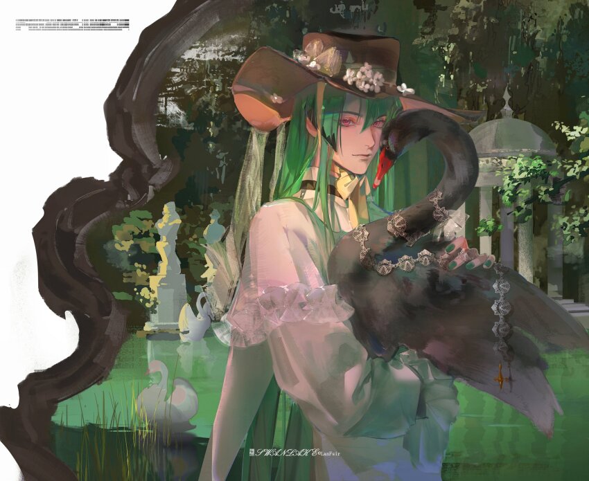 1boy, animal, bird, black_swan_(bird), brown_hat, closed_mouth, dress, expressionless