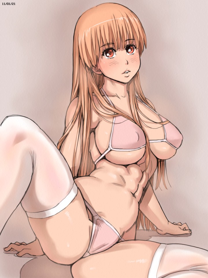 1girl, abs, arm_support, bikini, breasts, dead_or_alive, female_focus, kasumi_(doa)
