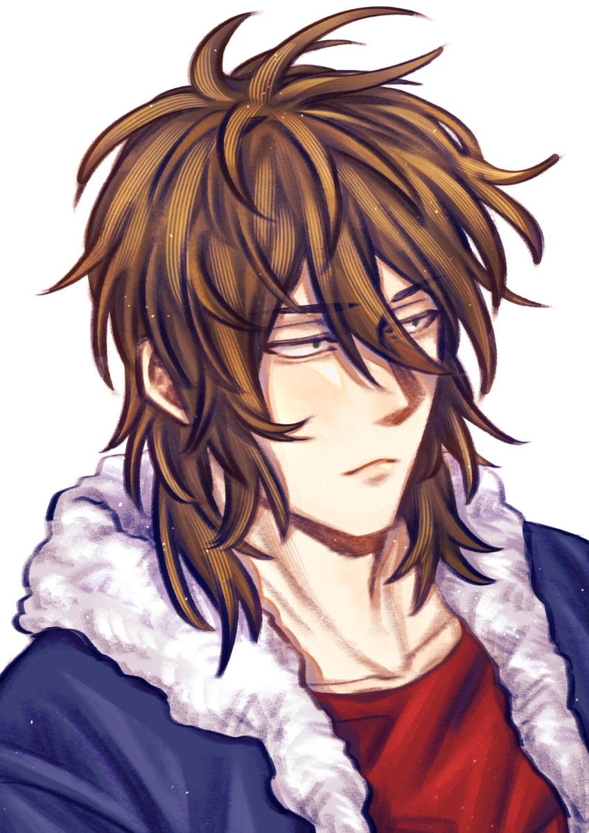 1boy, blue_jacket, brown_hair, chinese_commentary, commentary_request, fur-trimmed_jacket, fur_trim, green_eyes