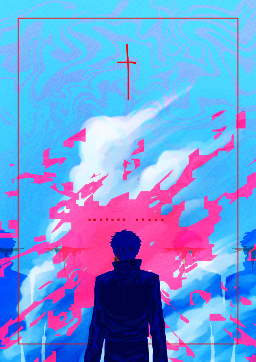 1boy, belt_buckle, blue_background, buckle, chinese_commentary, commentary_request, cross, dreyfus_zweig, earrings, facial_scar, film_grain, high_collar, highres, jacket, jewelry, limited_palette, long_sleeves, male_focus, meat_(goldfish940602), saibou_shinkyoku, scar, scar_on_cheek, scar_on_face, short_hair, single_earring, solo, upper_body