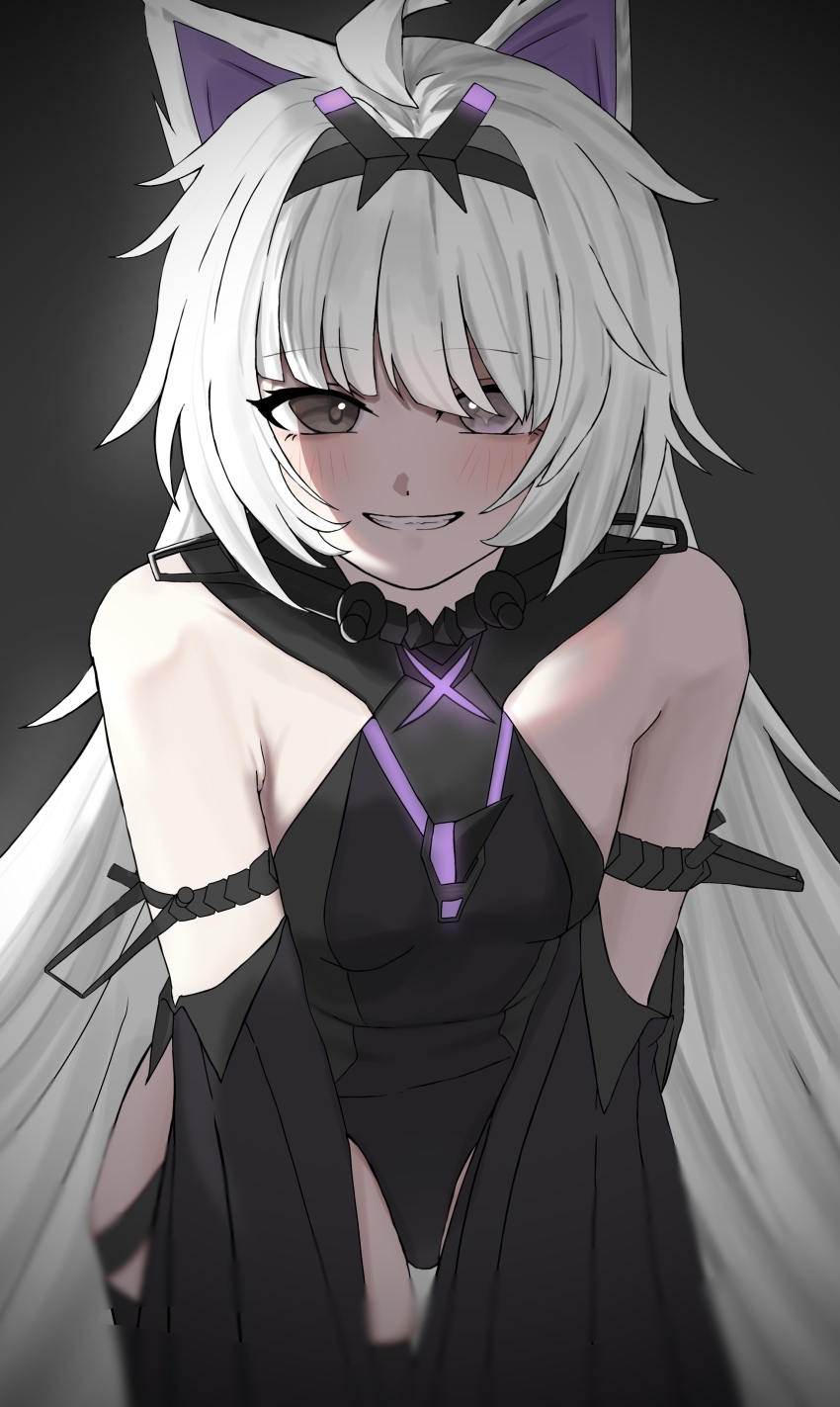 1girl, absurdres, ahoge, animal_ears, armlet, black_bodysuit, black_hairband, black_thighhighs, bodysuit, breasts, cross-shaped_pupils, detached_sleeves, grey_eyes, grey_hair, grin, hair_intakes, hairband, heterochromia, highres, jewelry, long_hair, looking_at_viewer, maym2778, mechanical_ears, mismatched_pupils, no._21:_feral_(pgr), no._21_(pgr), punishing:_gray_raven, sidelocks, small_breasts, smile, solo, symbol-shaped_pupils, thighhighs, very_long_hair, wolf_ears