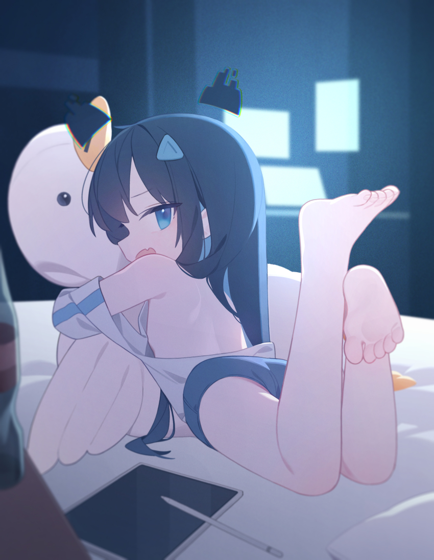 1girl, absurdres, ass, backless_outfit, bare_back, bare_legs, bare_shoulders, barefoot, black_hair, blue_eyes, commentary, doribae, fang, feet, flat_chest, from_behind, full_body, hair_ornament, highres, hugging_doll, hugging_object, indoors, loli, long_hair, looking_at_viewer, looking_back, lying, on_bed, on_stomach, open_mouth, original, sideways_glance, sideways_mouth, skin_fang, solo, stuffed_animal, stuffed_toy, stylus, untranslatable_commentary, tablet_pc, the_pose, toes, triangle_hair_ornament, tsurime