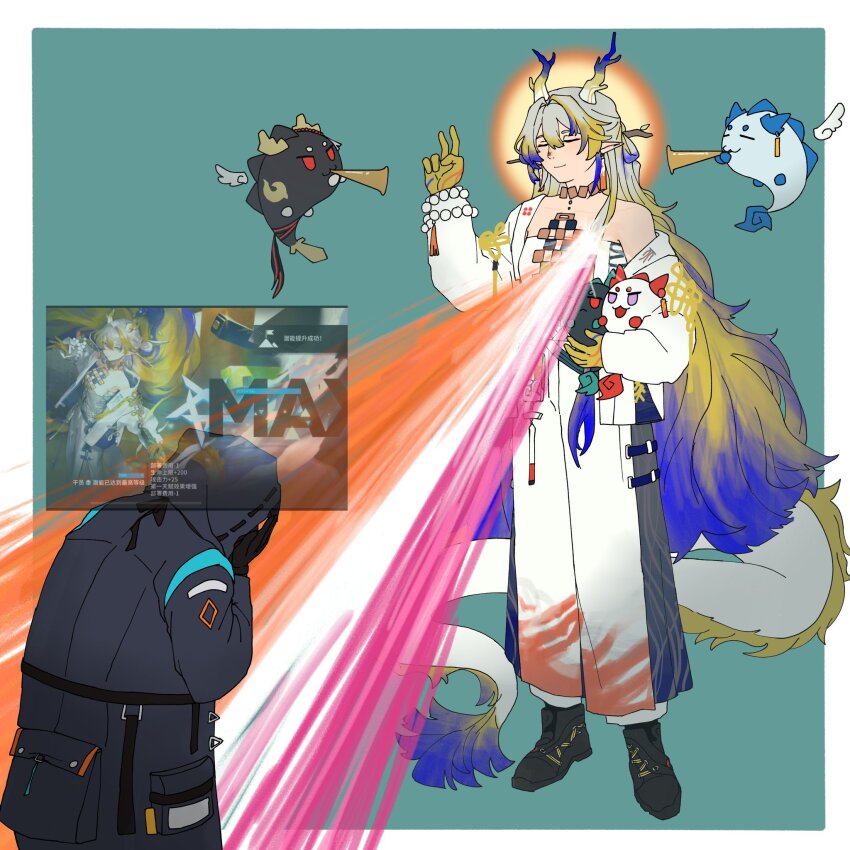 1girl, 1other, arknights, arm_up, bare_shoulders, blonde_hair, blue_hair, border, chongyue_(arknights), closed_eyes, closed_mouth, commentary, creature, doctor_(arknights), dragon_bean_(arknights), dragon_girl, dragon_horns, dragon_tail, dusk_(arknights), energy_beam, english_commentary, game_screenshot_inset, green_background, grey_hair, hair_between_eyes, hair_intakes, halo, highres, holding, holding_creature, horns, inset, instrument, jewelry, ling_(arknights), long_hair, long_sleeves, meme, multicolored_hair, music, necklace, nian_(arknights), off_shoulder, outside_border, playing_instrument, pointy_ears, rakkoonpo, shu_(arknights), simple_background, sketch, smile, standing, tail, traditional_halo, trumpet, white_border