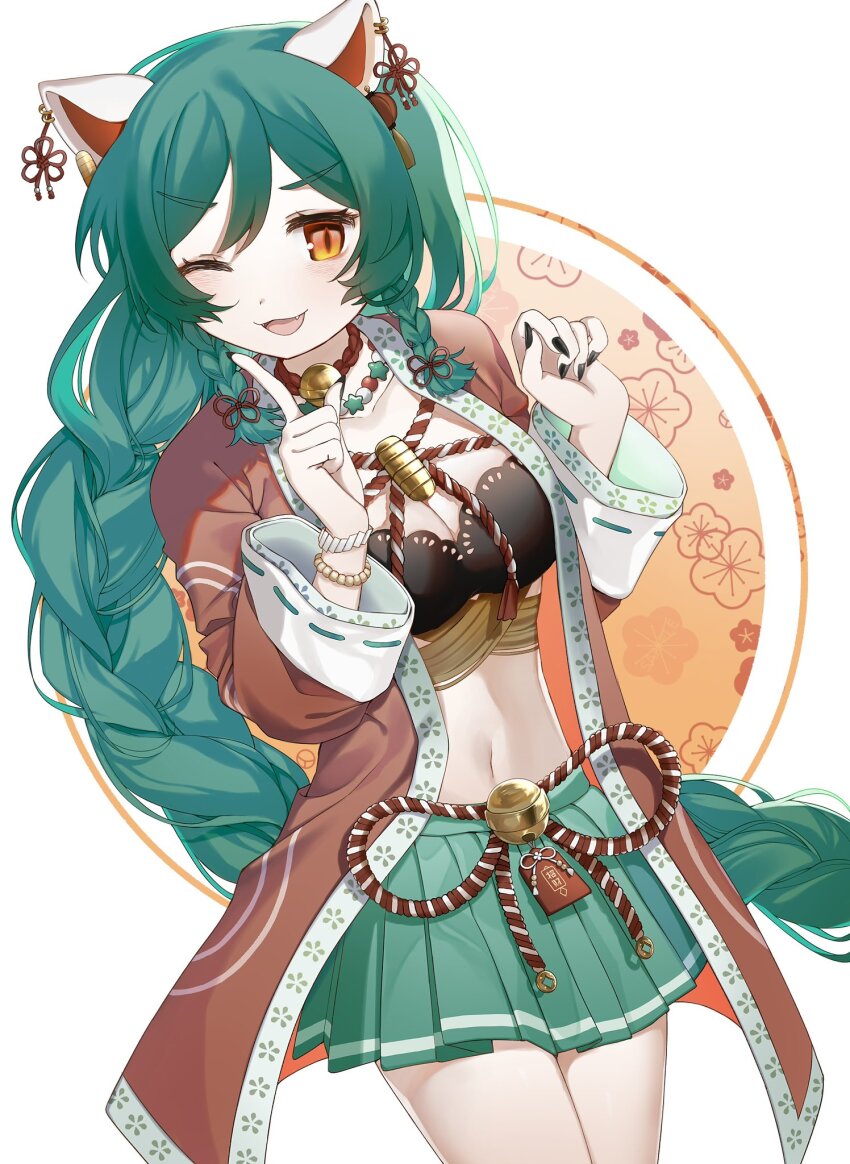 1girl, :3, animal_ears, black_nails, blush, braid, breasts, cat_ears