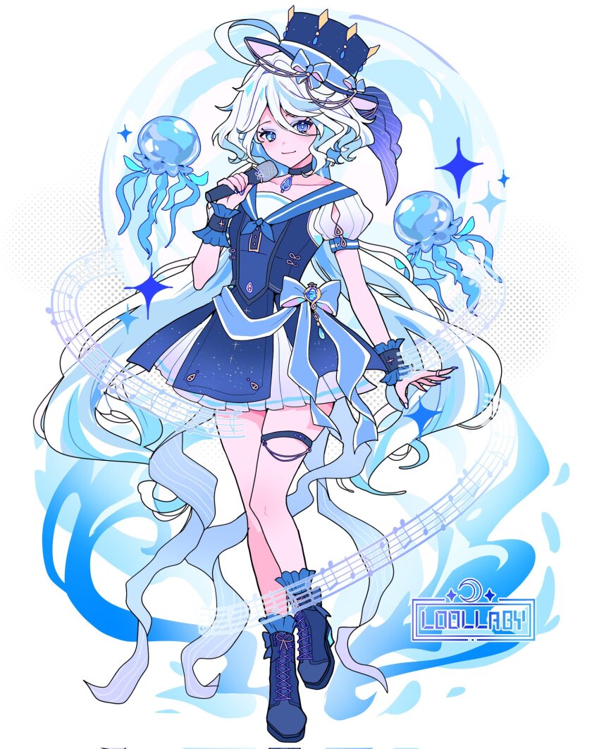 1girl, ahoge, alternate_costume, artist_name, black_choker, blue_bow, blue_dress, blue_eyes