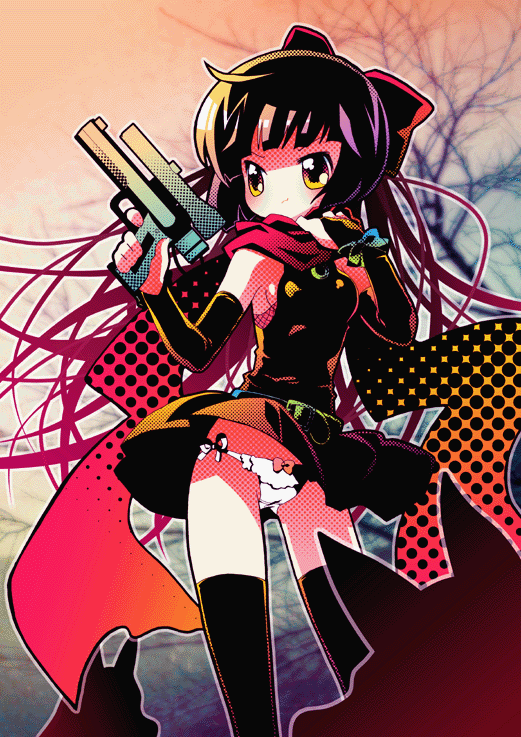 1girl, breasts, female_focus, gradient_background, gun, nature, original, outdoors