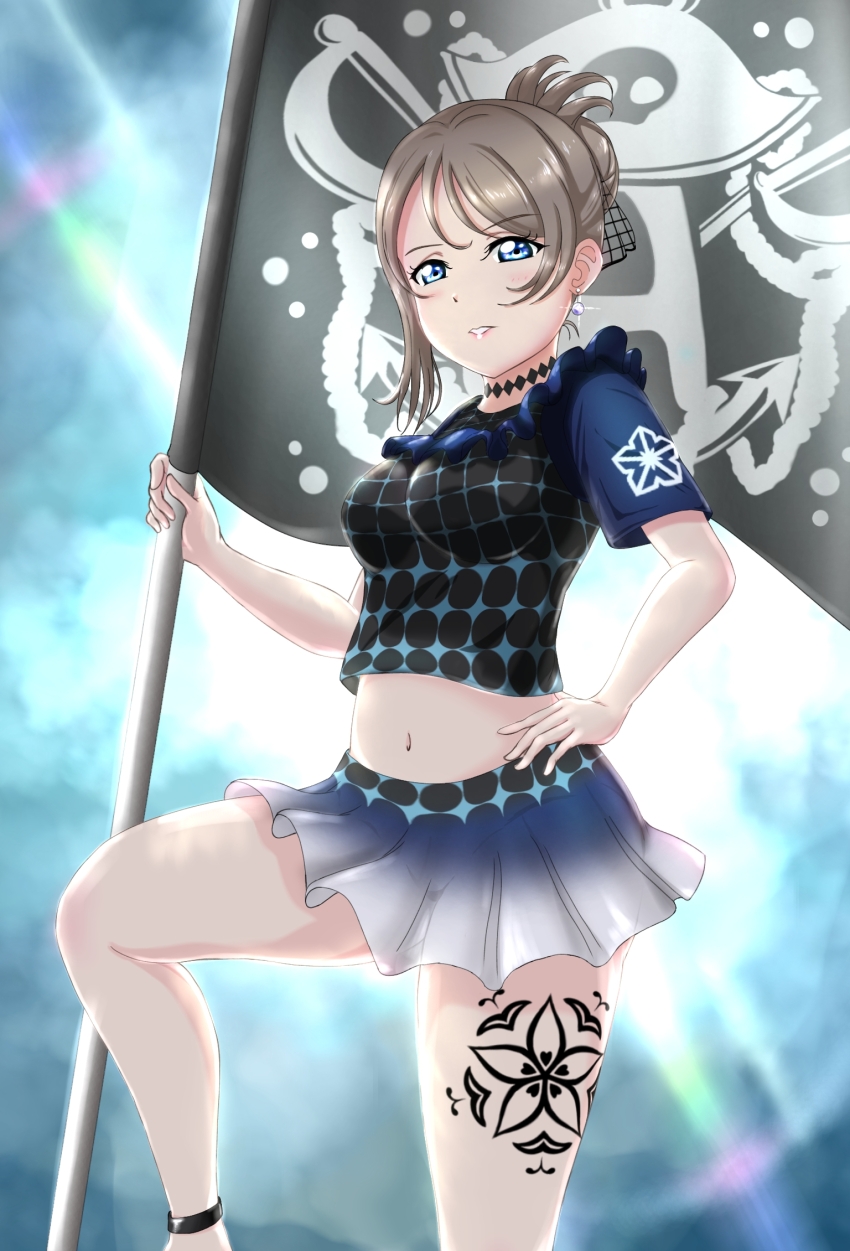 1girl, alternate_hairstyle, blue_eyes, blush, breasts, brown_hair, earrings, fantastic_departure, flagpole, frills, hair_bun, highres, jewelry, looking_at_viewer, love_live!, love_live!_sunshine!!, midriff, navel, official_alternate_hairstyle, ponytail, short_hair, solo, stomach, tattoo, thighs, user_wmmr5382, watanabe_you