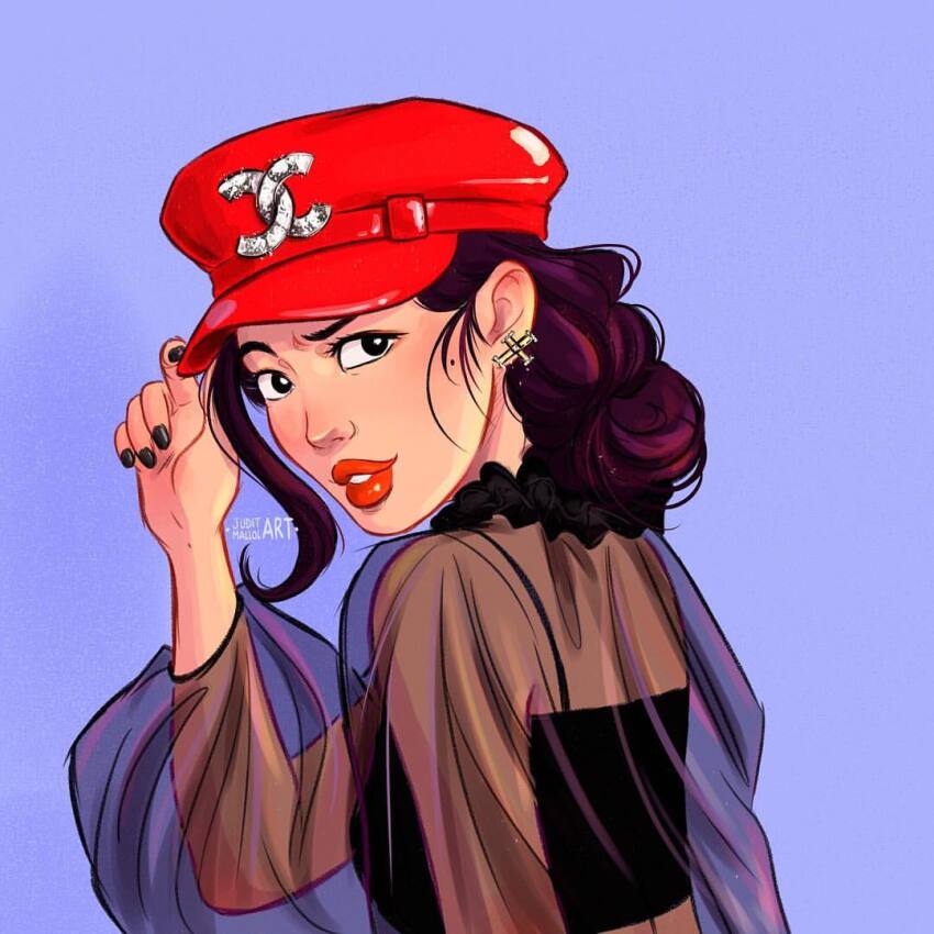 1girl, artist_name, black_eyes, black_nails, chanel, commentary, cross, cross_earrings