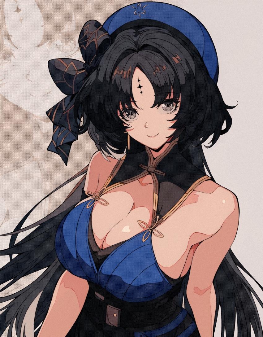 1girl, bare_arms, bare_shoulders, black_dress, black_hair, blue_dress, blue_hat, bow