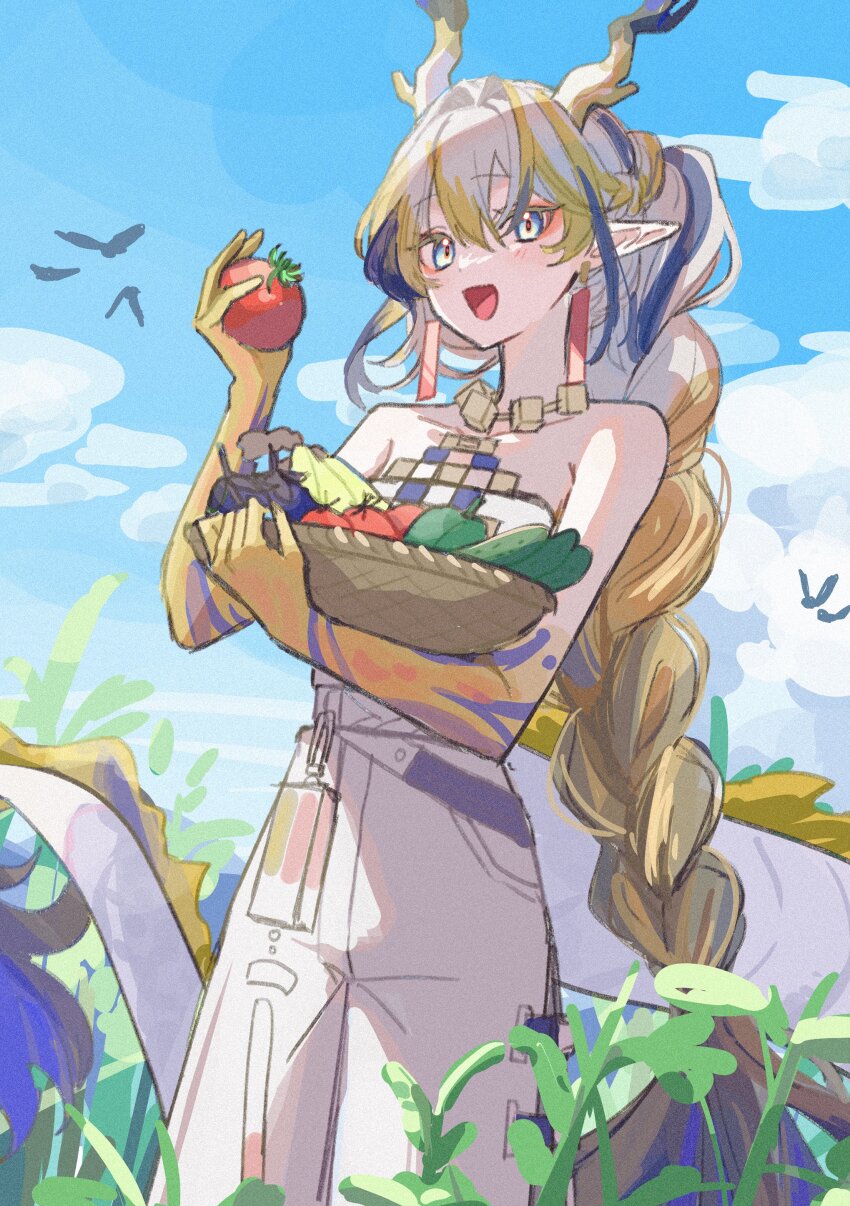 1girl, absurdres, arknights, bare_shoulders, basket, bell_pepper, blonde_hair, blue_hair, blue_sky, blush, braid, cloud, cloudy_sky, colored_skin, cowboy_shot, day, dot_nose, dragon_girl, dragon_horns, dragon_tail, earrings, eyeshadow, food, grass, hair_between_eyes, hair_intakes, hand_up, highres, holding, holding_basket, holding_food, horns, jewelry, long_hair, looking_at_viewer, low-braided_long_hair, low-tied_long_hair, makeup, miritenoru, multicolored_hair, necklace, outdoors, pants, pointy_ears, red_eyeshadow, shirt, shu_(arknights), sidelocks, simple_bird, sky, solo, strapless, strapless_shirt, tail, tassel, tassel_earrings, tomato, white_hair, white_pants, white_shirt