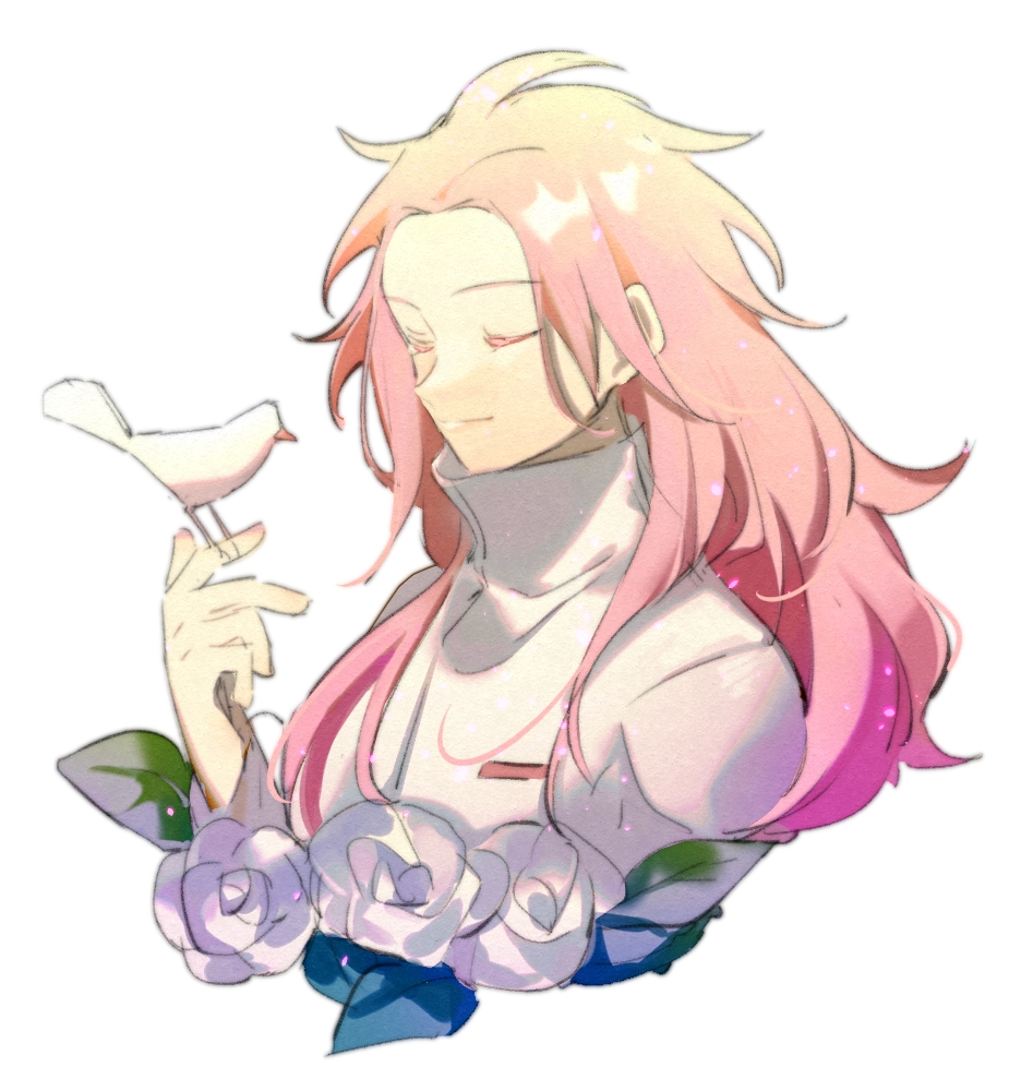 1boy, bird, bird_on_hand, closed_eyes, closed_mouth, colored_eyelashes, commentary, film_grain