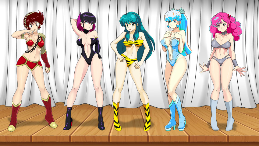 5girls, absurdres, aqua_hair, bare_shoulders, benten_(urusei_yatsura), bikini, blue_eyes, blue_hair