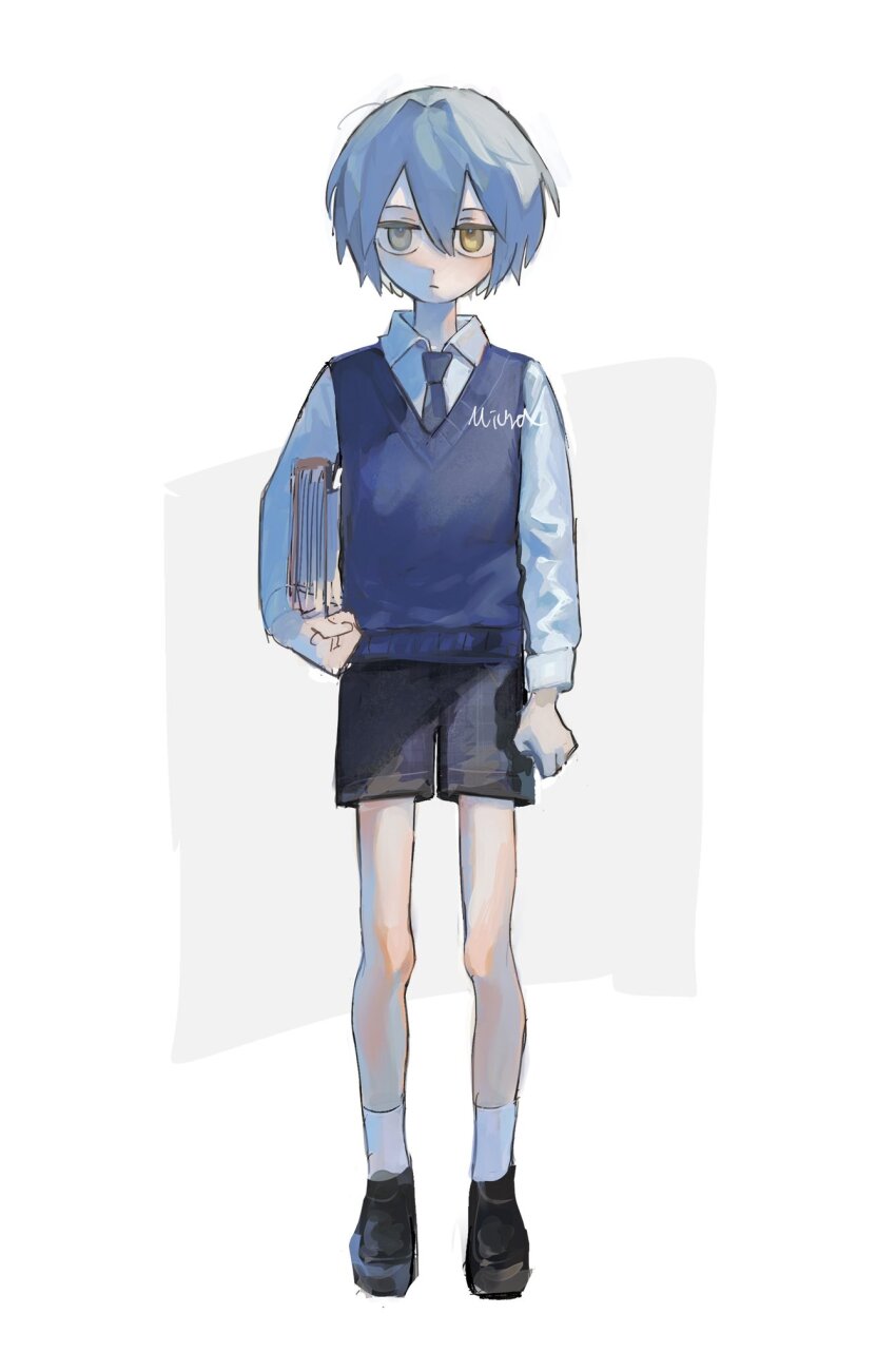 1boy, black_footwear, black_shorts, blue_hair, blue_necktie, blue_sweater_vest, book, child